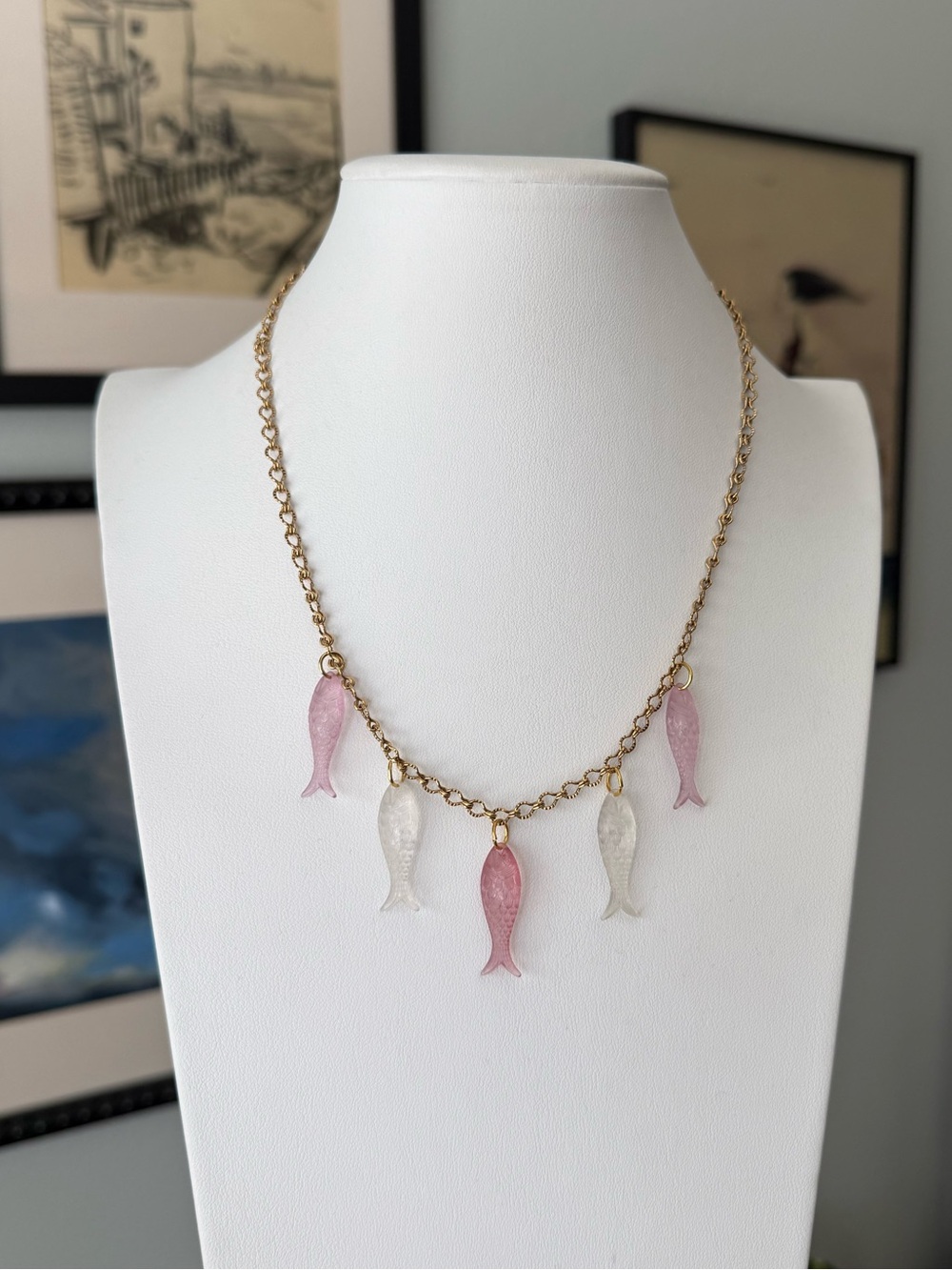 Vintage Gold Tone Textured Link Chain Necklace Pink and Clear Lucite Fish Charms